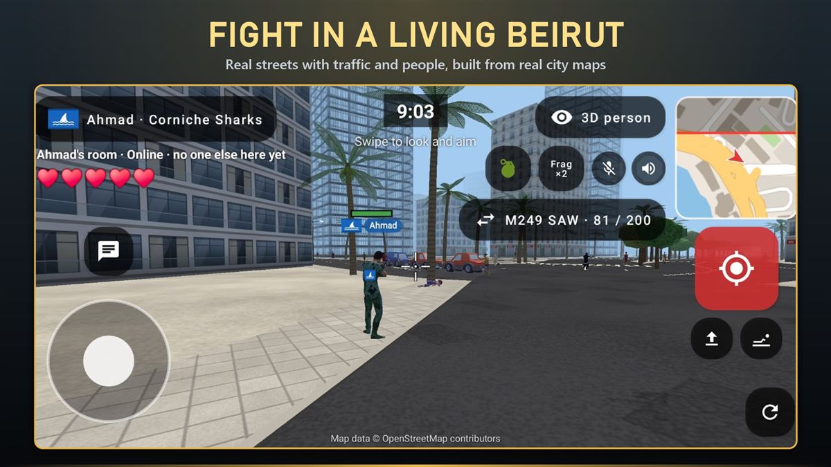 Beirut Strike gameplay: a soldier on a real Beirut street with palm trees, traffic and a live minimap